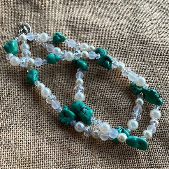 Chunky Turquoise & Pearl Crystal Multi-Strand bracelet / Necklace Handmade Rare - Picture 7 of 8